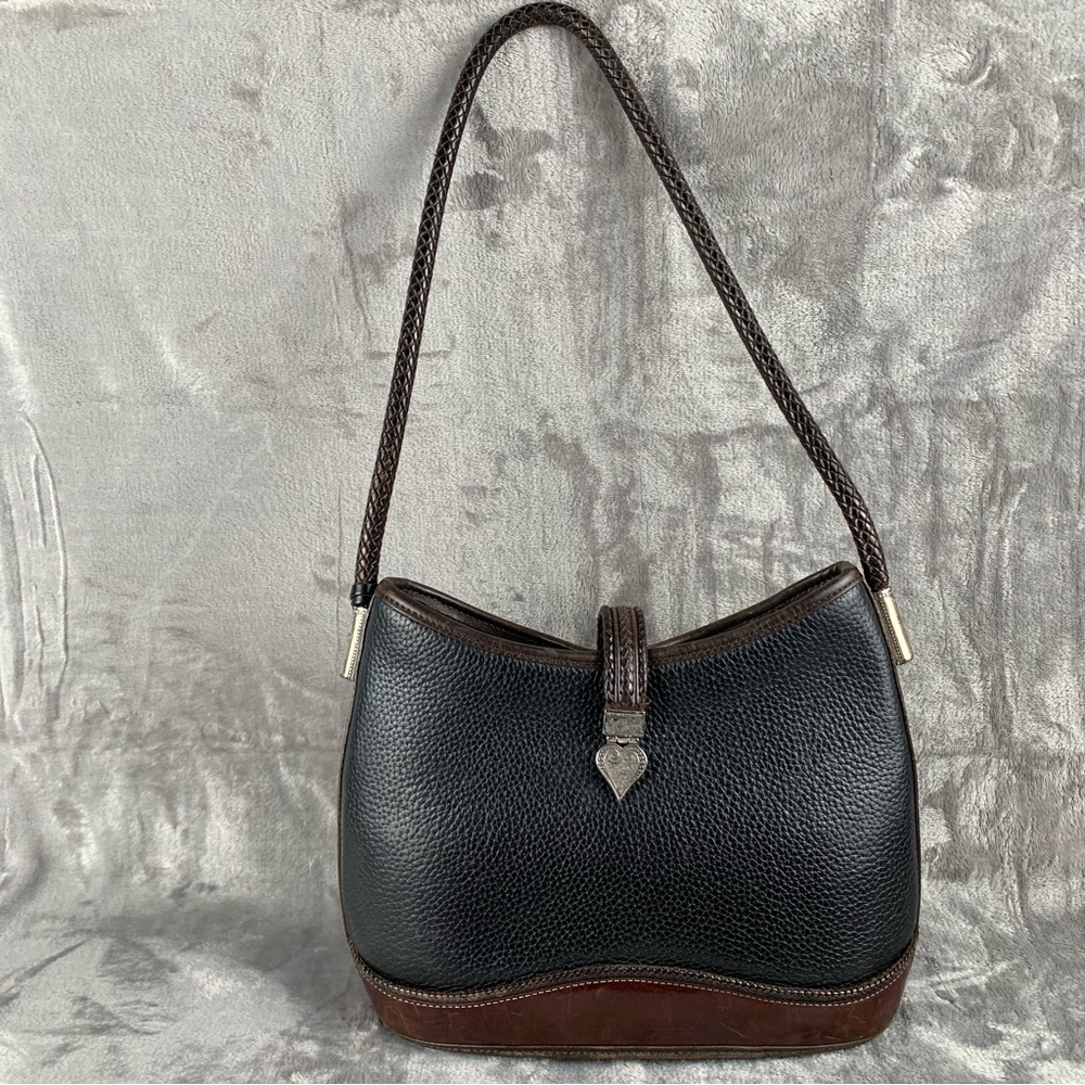 Vintage Brighton Purse Black Pebbled Leather Brown Embossed Croc Hearts Braided